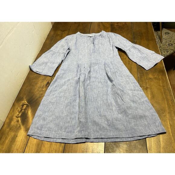 J Jill Love Linen Blue Chambray Notched Neck Bell Sleeve Pin Tucked Dress XSP - Picture 1 of 13